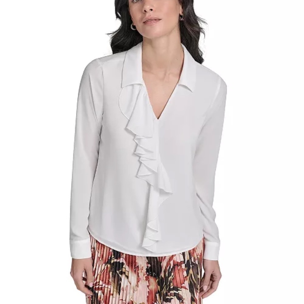 Calvin Klein Ruffle-Trim Collared Blouse - Picture 1 of 5